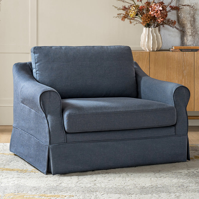Estevan 50.75"W Farmhouse Slipcovered Oversized Armchair with Feather Blended Cushion, Navy
