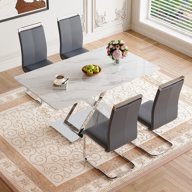 Glass Dining Table Set For 6, 5, Gray/Silver
