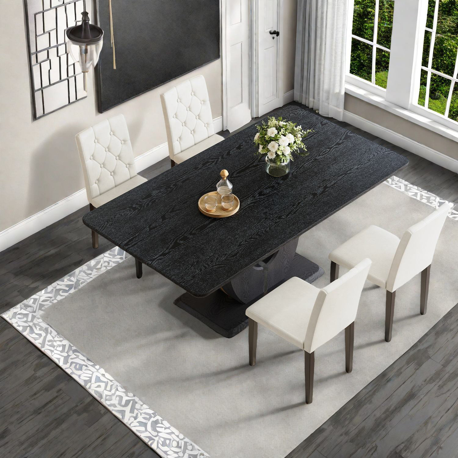 17 Stories Modern Black Wood Grain Dining Table Sets With White Pu ...