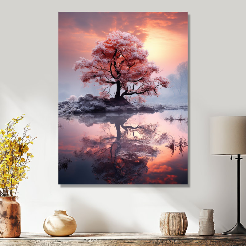Arbre rose sur une île comme les couleurs chaudes du coucher du soleil - arbre d'hiver, décoration murale, Métal métal
