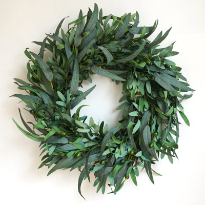 Couronne d'olivier 26 po pour porte d'entrée - Couronne de verdure toutes saisons avec feuilles et fruits olive, parfaite pour le mur intérieur, l'extérieur, le salon et la décoration de mariage