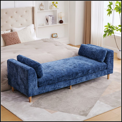 Banc de bout moderne rembourré avec accoudoirs, méridienne en chenille avec 2 coussins décoratifs, lit de jour pour salon, chambre à coucher, appartement, chambre d'amis