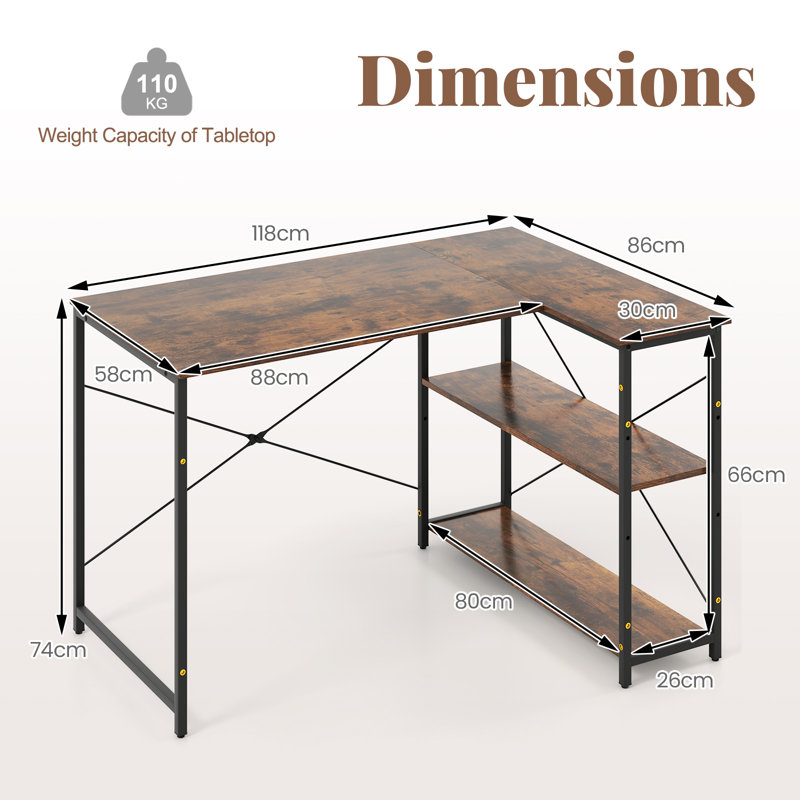 L-Shaped Metal Base Computer Desk, Brown