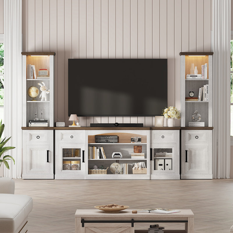 Farmhouse 3-piece Entertainment Set With Tv Stand & Bookshelf, Adjustable Shelves, Transparent Doors, And Motion-sensing Led Lights — Fits Tvs Up To 75" For Modern Living Rooms