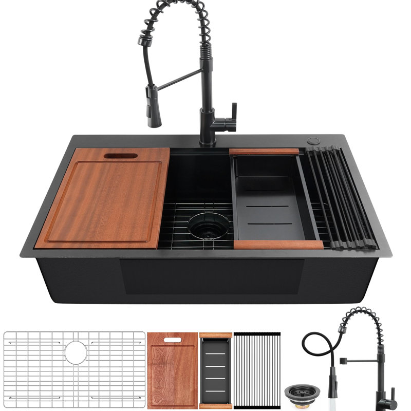 Évier de cuisine 33 po en acier inoxydable noir avec robinet 2 en 1, 10 cuves simples profondes, rails de poste de travail, égratignure, robinet à bec rétractable à évacuation d'eau rapide, bol multifonctionnel moderne