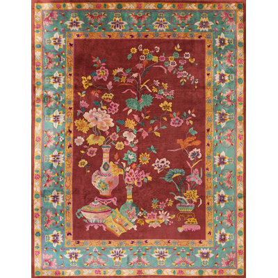 Rectangle Chinese - Art Deco Antique Wool Coral Room Size 1920s Knotted Rug