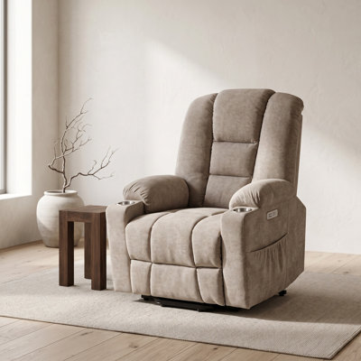 Fauteuil releveur électrique avec fonction massage et chauffage, structure métallique robuste, accoudoirs rembourrés, revêtement en chenille, ports USB et Type-C, 2 porte-gobelets en acier, inclinaison jusqu'à 155°, kaki
