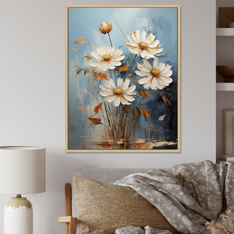 " White Daisy Efflorescence Bouquet Serenity I ", Natural Floater Framed, 20" H x 12" W