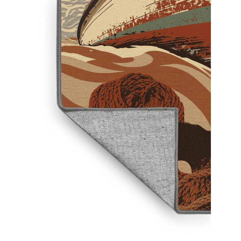Machine Washable Vehicles And Transportation Fishing Boat Rustic Rug in Gray – Gray Binding, 5x8