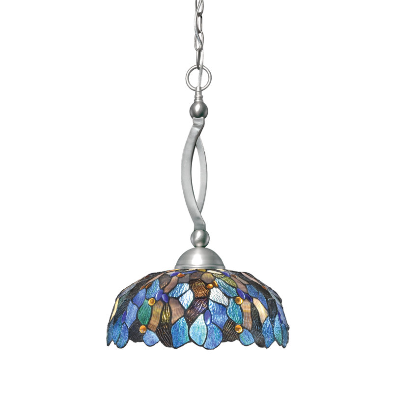 Bow Chain Hung Pendant Glass, Brushed Nickel, 22.75", Blue Mosaic Tiffany