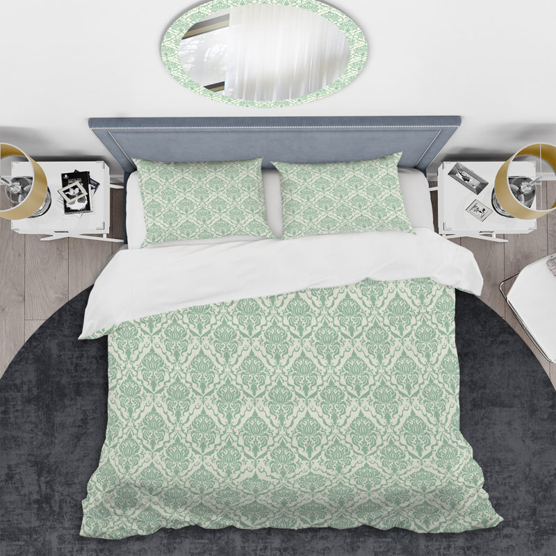 Ensemble de housse de couette en microfibre vert / blanc 3 pièces, Housse de couette pour grand lit et 2 taies décor