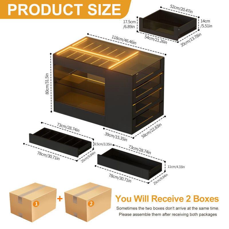 Closet Island With Drawers, Glossy Wardrobe Armoire Bedroom Island With Glass Tabletop, Lights&jewelry Organizer, Walk-in Closet Island Dresser For Bedroom Dressing Room Cloakroom