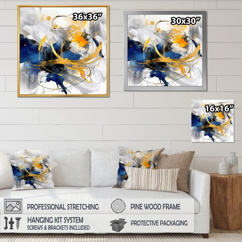 «Dark Blue and Gold Strokes», reproduction sur toile encadrée, Doré, H 36 po x l 36 po, Cadre photo unique