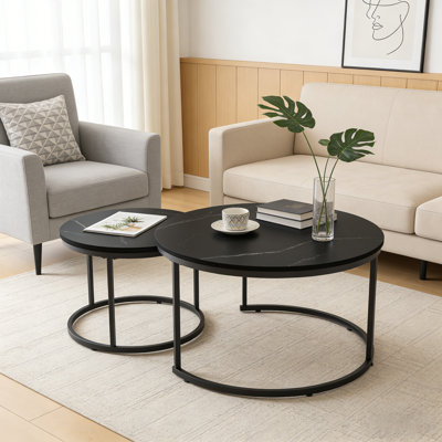 Ensemble de tables basses gigognes 2 pièces, tables d'appoint rondes en marbre 27,6 po avec structure en métal robuste, blanc