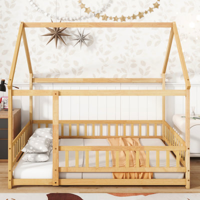 Lit double en bois d'hévéa pleine grandeur avec structure de toit et garde-corps, idéal pour la lecture du sommeil, 77,2 x 60,2 x 72,2, 60,6 lb naturel, créant un refuge confortable et amusant