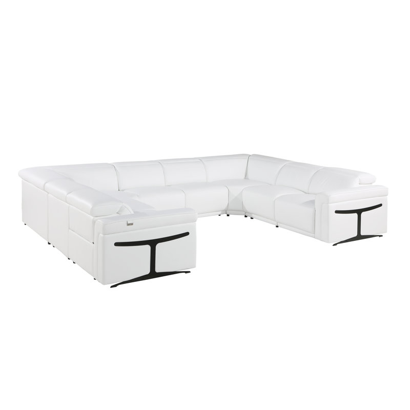 Stanwinn 8 – Piece 4 Power Reclining Top Grain Italian Leather Sectional with Power Headrest, White Genuine Leather