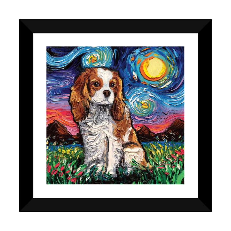 «Cavalier King Charles Spaniel Night II» par Aja Trêves - reproduction d'art, H 16 po x l 16 po x p 1 po, Papier encadré noir