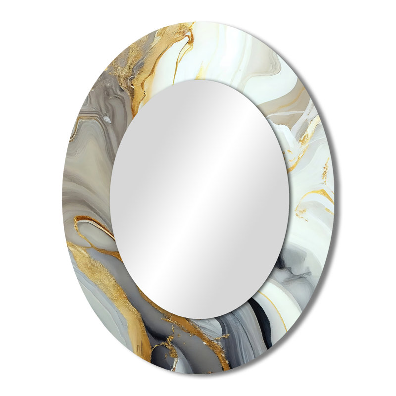 White And Gold Marble Abstract III - White Oval Wall Mirror Decor, 43" x 33"