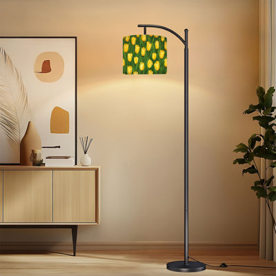 Arc Floor Lamp with Adjustable Lampshade Yellow Tulips Full Bloom Green Leaves Grass Summer Decor Standing Lamp 3 Color Temperatures Dimmable Tall Pole Lamp with Foot Switch for Bedroom