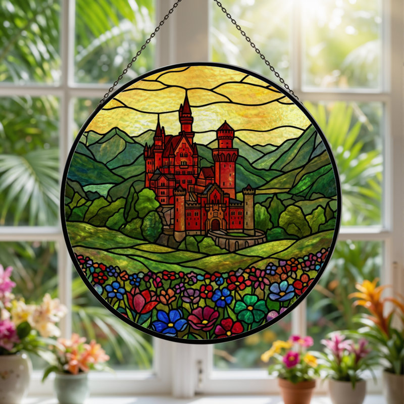 7.8"H Castle Landscape Stained Glass Window Panel, 7.8" H x 7.8" W
