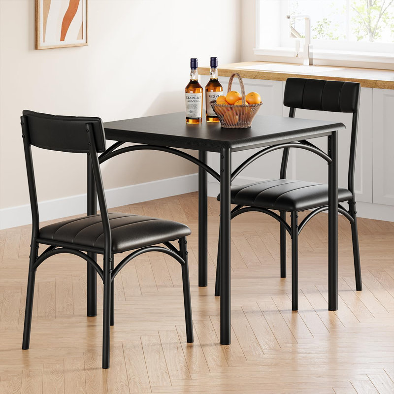 3-Piece Dining Table Set for 2 with Upholstered Chairs, Modern Square Kitchen Table for Apartment, Small Dining Room, Black