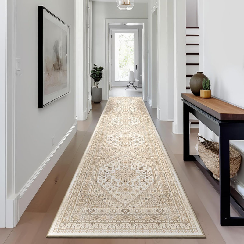 Tapis lavable antidérapant Medallion (crème), Tapis de couloir 2 pi x 12 pi