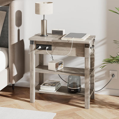Flip Top End Table With USB Ports And Outlets, Narrow Side Table With Drawer And Storage Shelves For Living Room And Bedroom