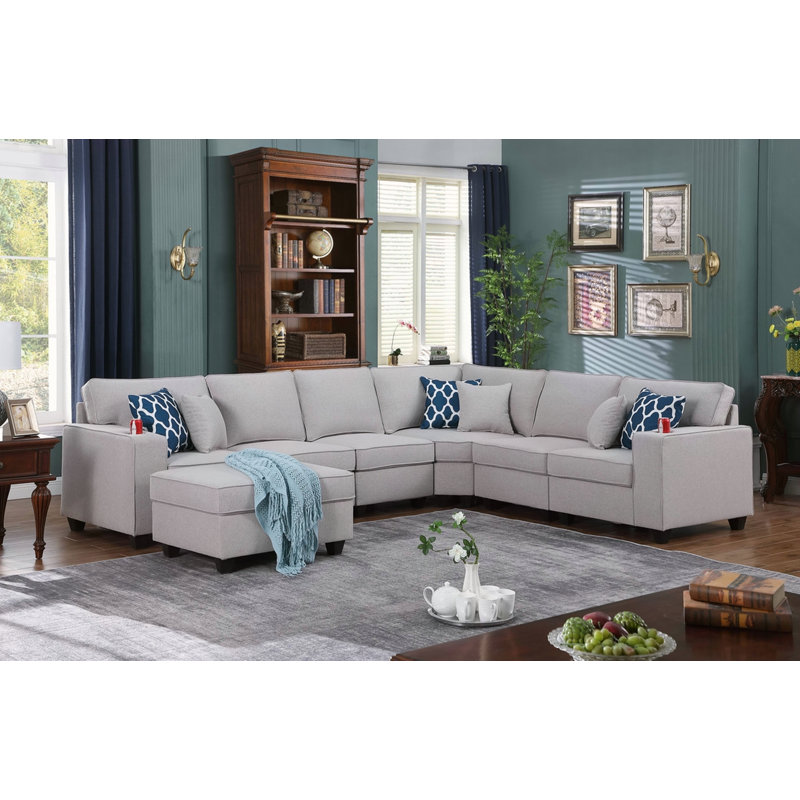 Canapé modulaire en L gris clair de 7 po avec repose-pieds et porte-gobelet Cooper, Lin gris pâle