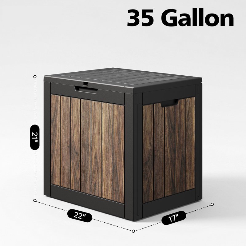 Boîte de rangement extérieure 35 gallons pour l'extérieur - Contenant de patio en plastique à grain de bois avec couvercle verrouillable