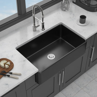 Évier de cuisine en céramique noir mat durable, style campagne moderne