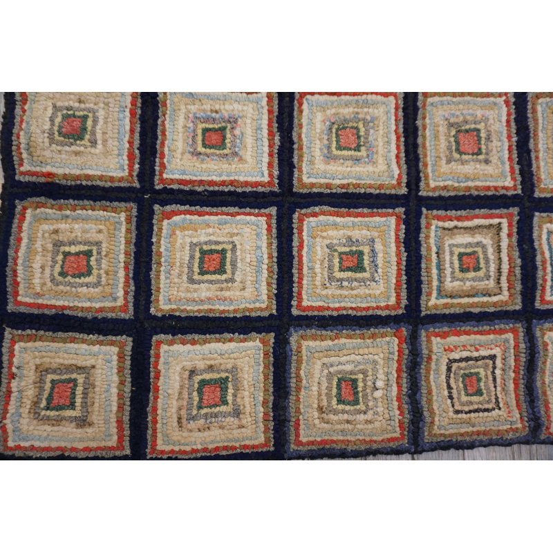 Small Square Antique Late 19th Century American Log Cabin Folk Art Design Hooked Rug