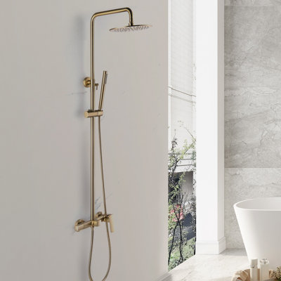 Brushed Gold 3-Function Wall Mount Shower System, 10" Rain Shower Head with Handheld Shower & Tub Spout, Brass Valve