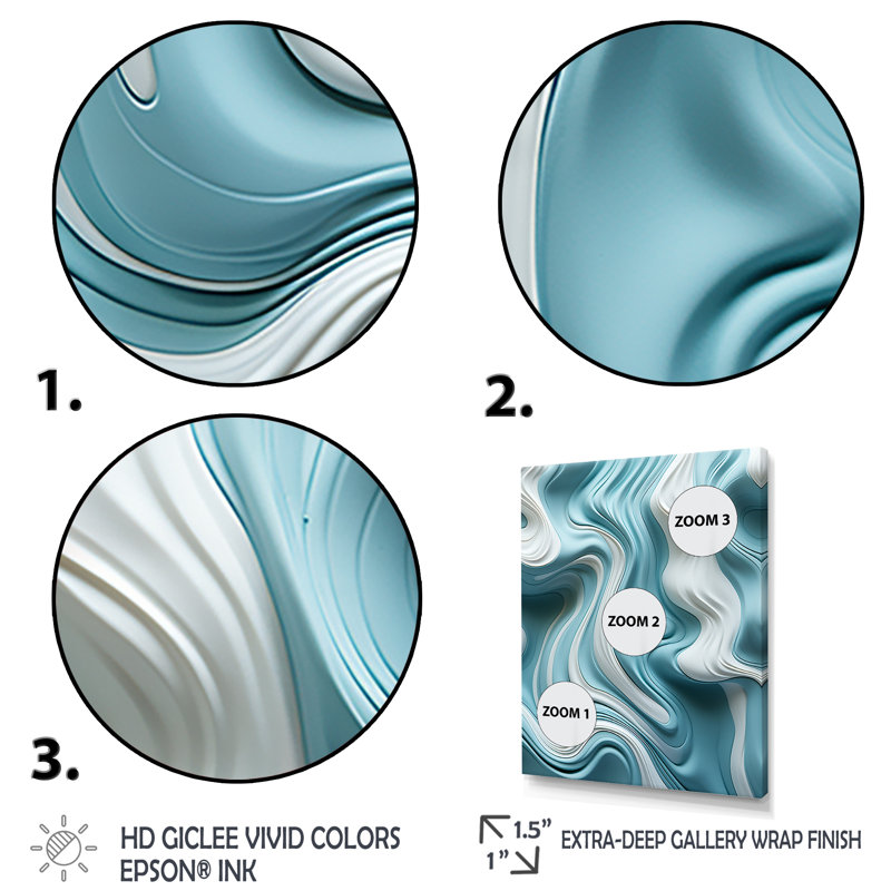 «Blue and White Wave Tiles Impressions I», art mural vagues, Cadre flottant doré, 40" H x 30" W