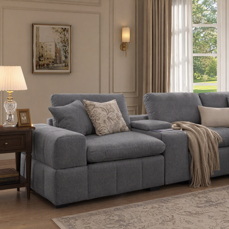 Canapé modulaire de 6 pièces avec console 124 chargeurs, rangement et porte-gobelets de 124,1 po USB, Polyester gris foncé