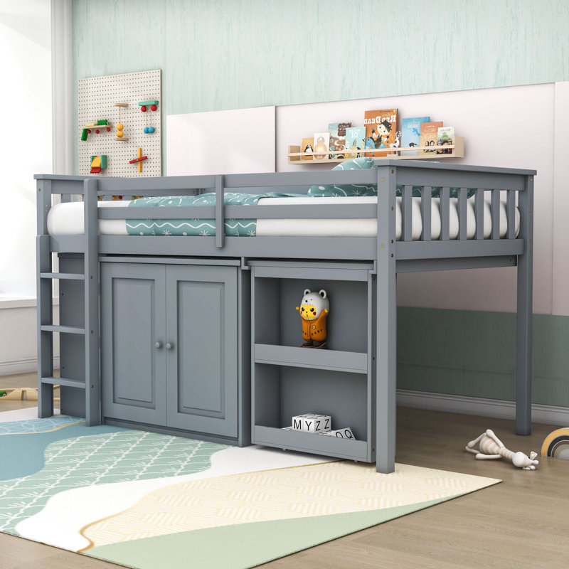 Twin Wooden Loft Bed With Pull-Out Desk, Under-Bed Storage Cabinet, Side Shelf And Drawers, Gray