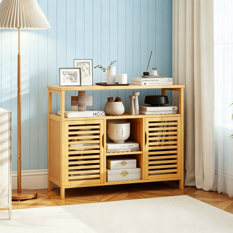 Natural Bamboo Kitchen Storage Cabinet, Freestanding 2 Door Slatted Cupboard with Internal Shelves, Multipurpose Home Furniture for Kitchen, Dining Room, Entryway, Living Room & Bathroom