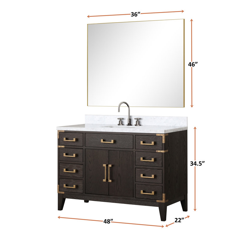 Laurel 48 in W x 22 in D Single Bath Vanity Top, White Carrara Marble, Brown Oak