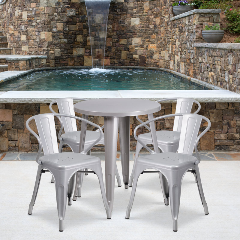 Cordele 24'' Round Metal Indoor-Outdoor Table Set with 4 Arm Chairs, Silver, 29.50" H x 30" W x 30" L