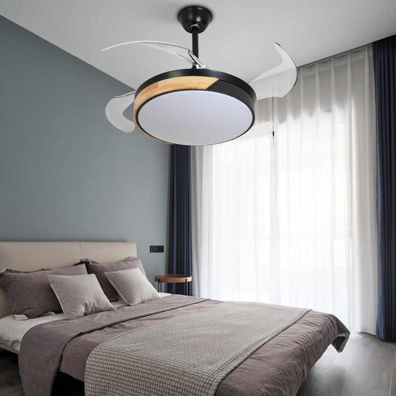 42 Inch 4 Blades Retractable Modern Dimmable Round Ceiling Fan With LED Lights and Remote Control