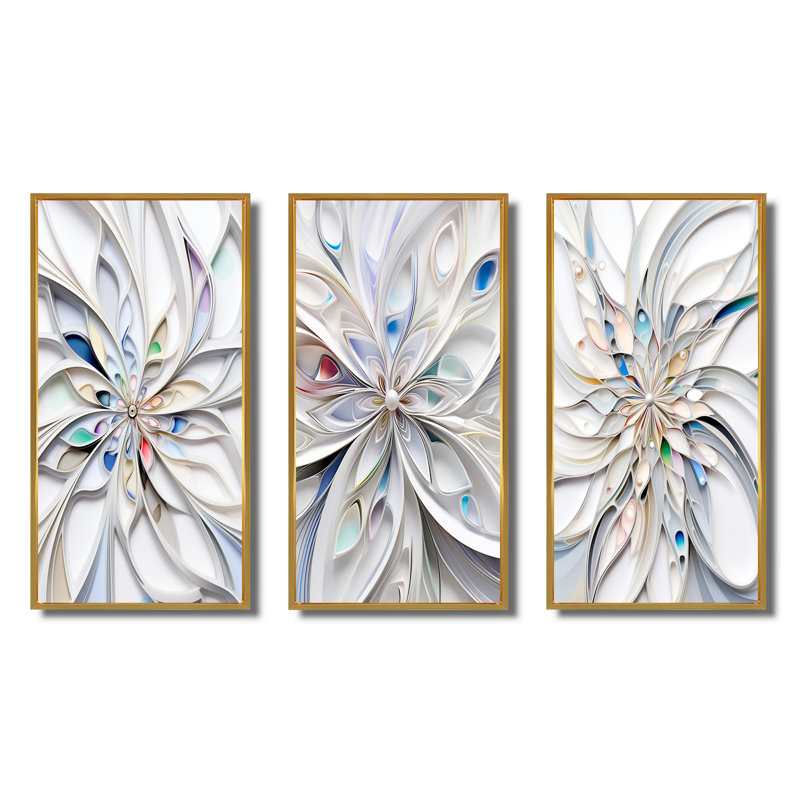 «White Cosmic Flowers», 3 pièces sur toile, H 20 po x l 36 po, Cadre flottant doré