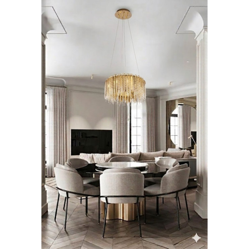 Lustre 9 lumières en acier inoxydable doré avec perles de cristal transparentes