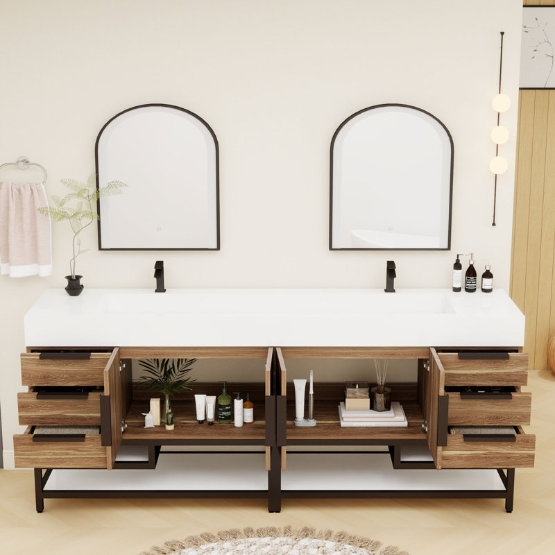 Jessica 84'' Single Bathroom Vanity with Stone Top, Natural Oak