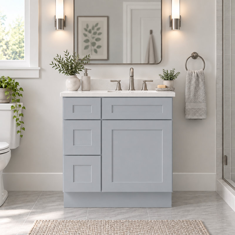 Armoire combinée avec meuble-lavabo gris Shaker 1800cabinets, 33", Tiroirs à gauche