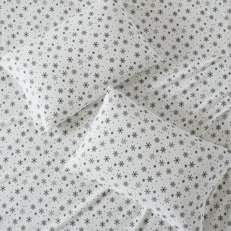Ensemble de 4 draps très grands avec flocons de neige noirs, fabrication en flanelle de coton à 100%, dimensions luxueuses pour les grands matelas jusqu'à 18 po, surface douce avec traitement brossé, ajustement élastique bien ajusté, pré -
