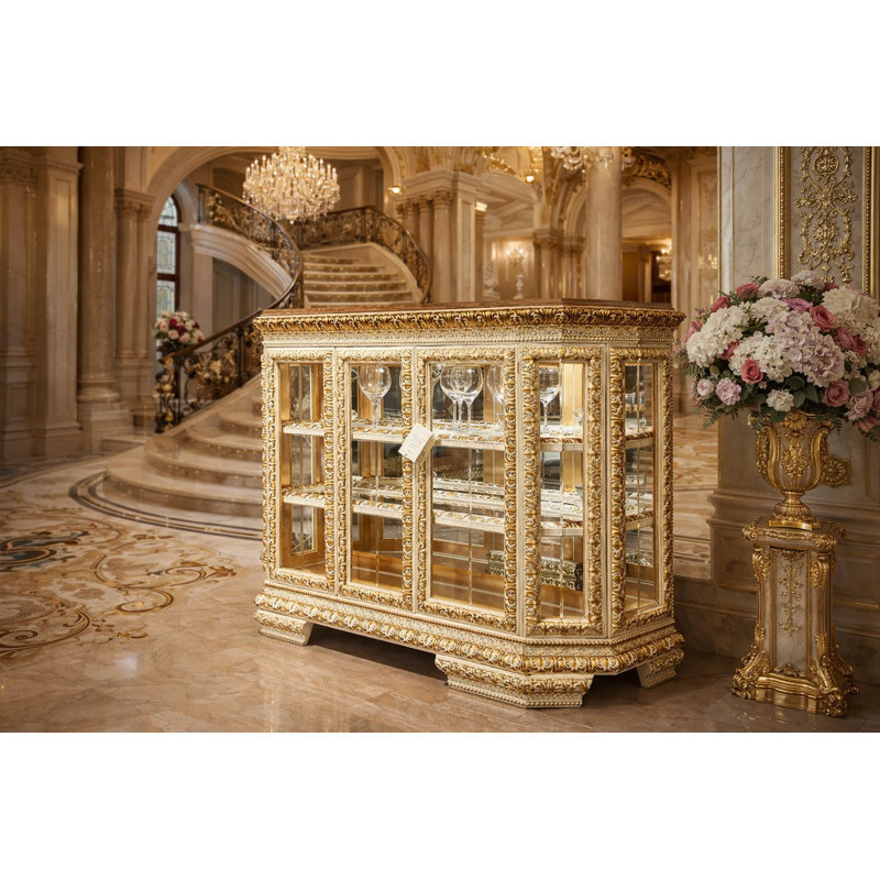 Felipe Solid Wood Lighted Curio Cabinet, Ivory/Gold