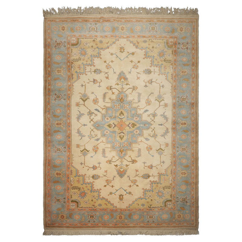 Tapis traditionnel turc Oushak ivoire en laine noué à la main 9 pi 8 po x 14 pi 2 po