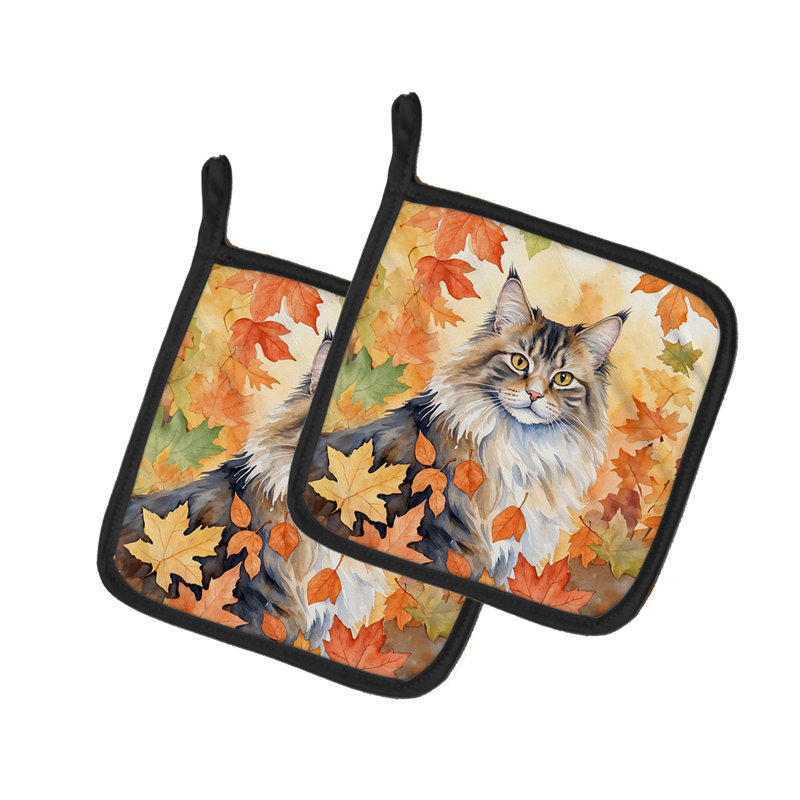 Norwegian Forest Cat in Fall Leaves Pair of Pot Holders