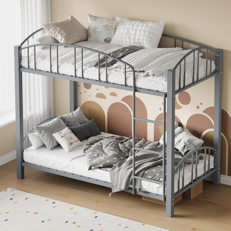 Twin Over Twin Metal Bunk Bed with Arched Guardrail and Safety Ladder, Heavy Duty Steel Frame for Kids, Boys, and Girls, Space-Saving Design, No Box Spring Needed, Modern Gray