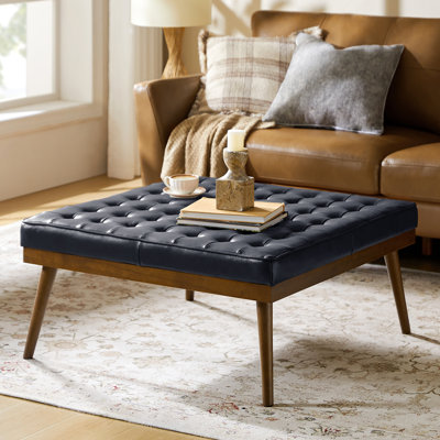 Repose-pieds Anahli Modern en cuir véritable l 36,25 po avec pieds en bois massif