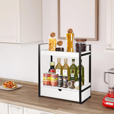 2-Tier Bathroom Organizer Countertop With Drawer, Wood Counter Shelf For Storage, Vanity Tray For Bathroom Organization And Decor, Countertop Organizer For Kitchen, Office (White)